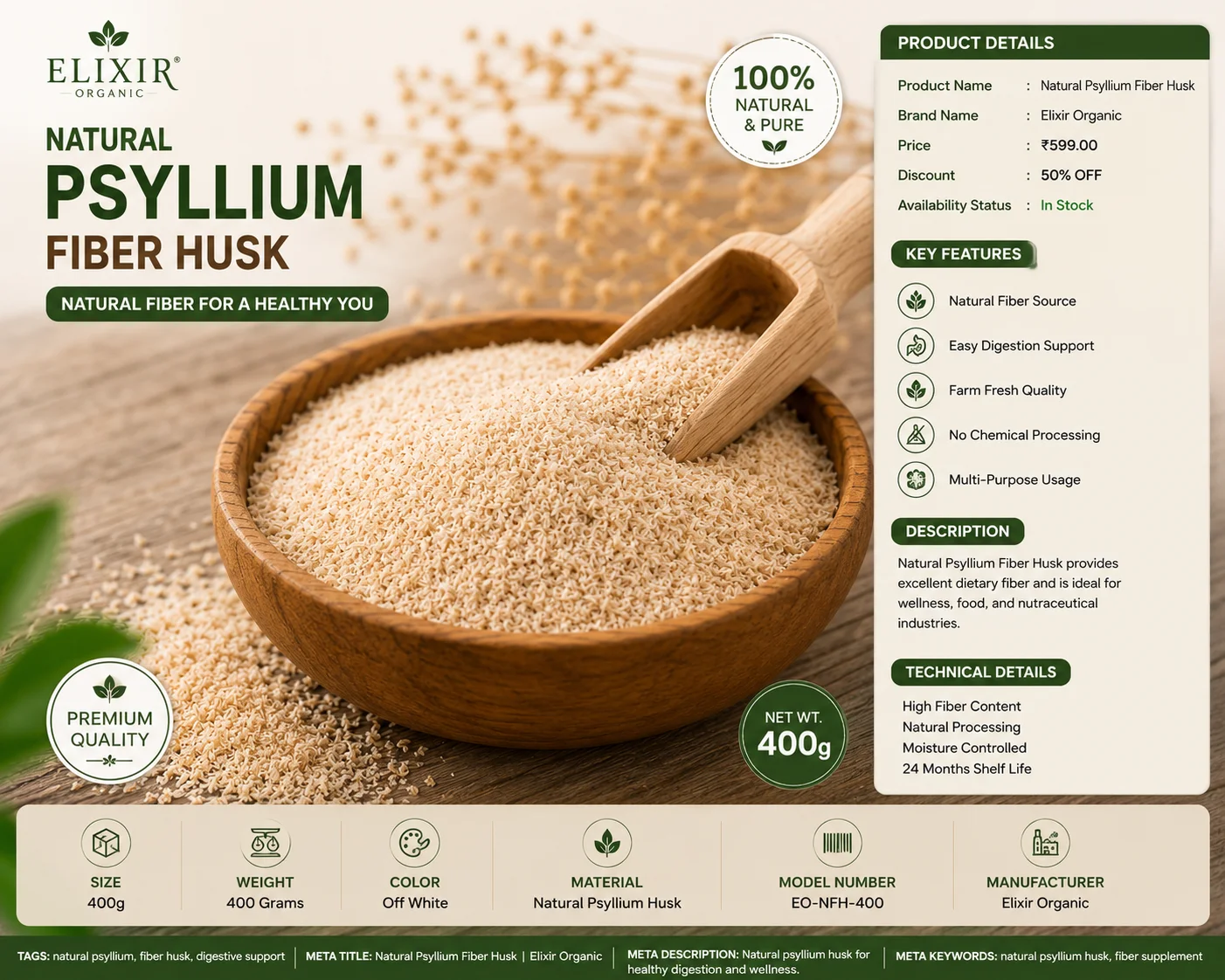 Natural Psyllium Fiber Husk